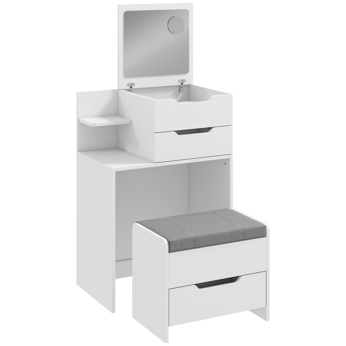 Coiffeuse avec Miroir Rabattable, Tabouret à Roulettes, Siège Rembourré, Tiroir, Étagère, Compartiment, Blanc-0