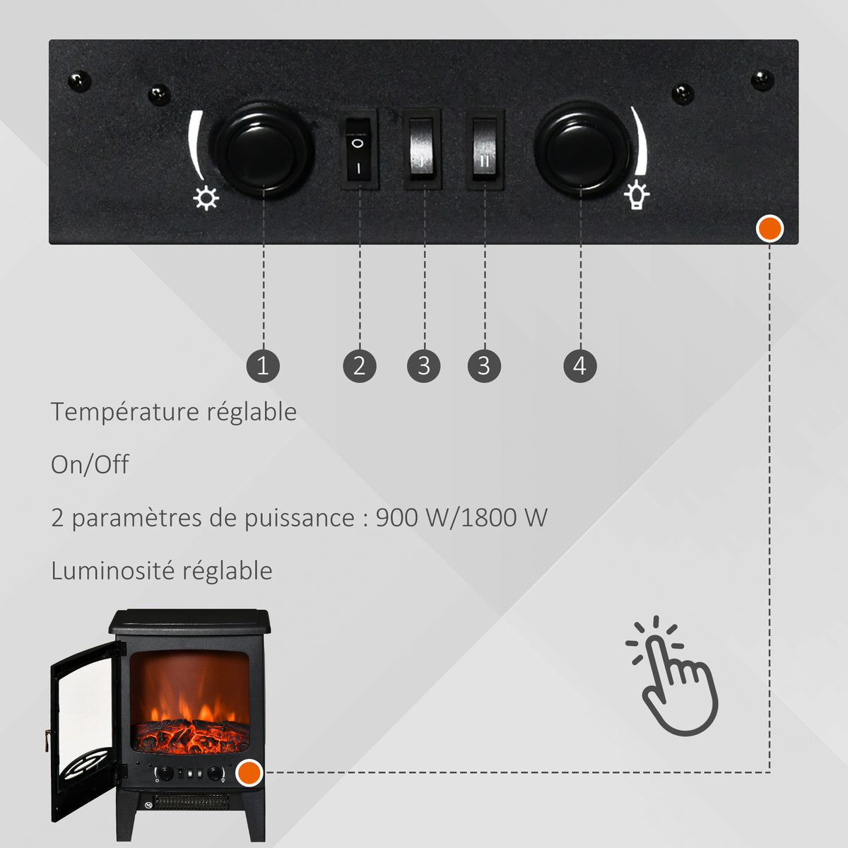 Cheminée électrique poêle Style néo-rétro 900-1800 W Simulation Flammes LED luminosité réglable Acier ABS Noir-6