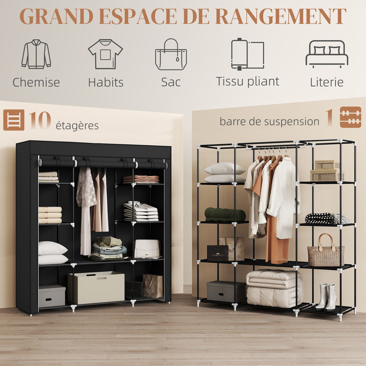 Armoire de rangement penderie en tissu pliable avec barre de suspension et étagères, 150 x 43 x 162,5 cm, noir-3