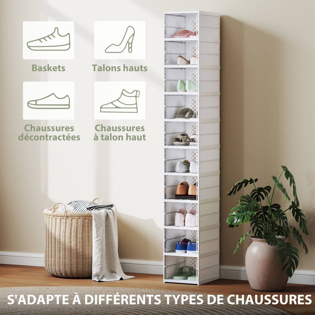 Lot de 10 boîtes à chaussures pliables en plastique empilables avec couvercles, pour pointure jusqu'à 43, blanc-5