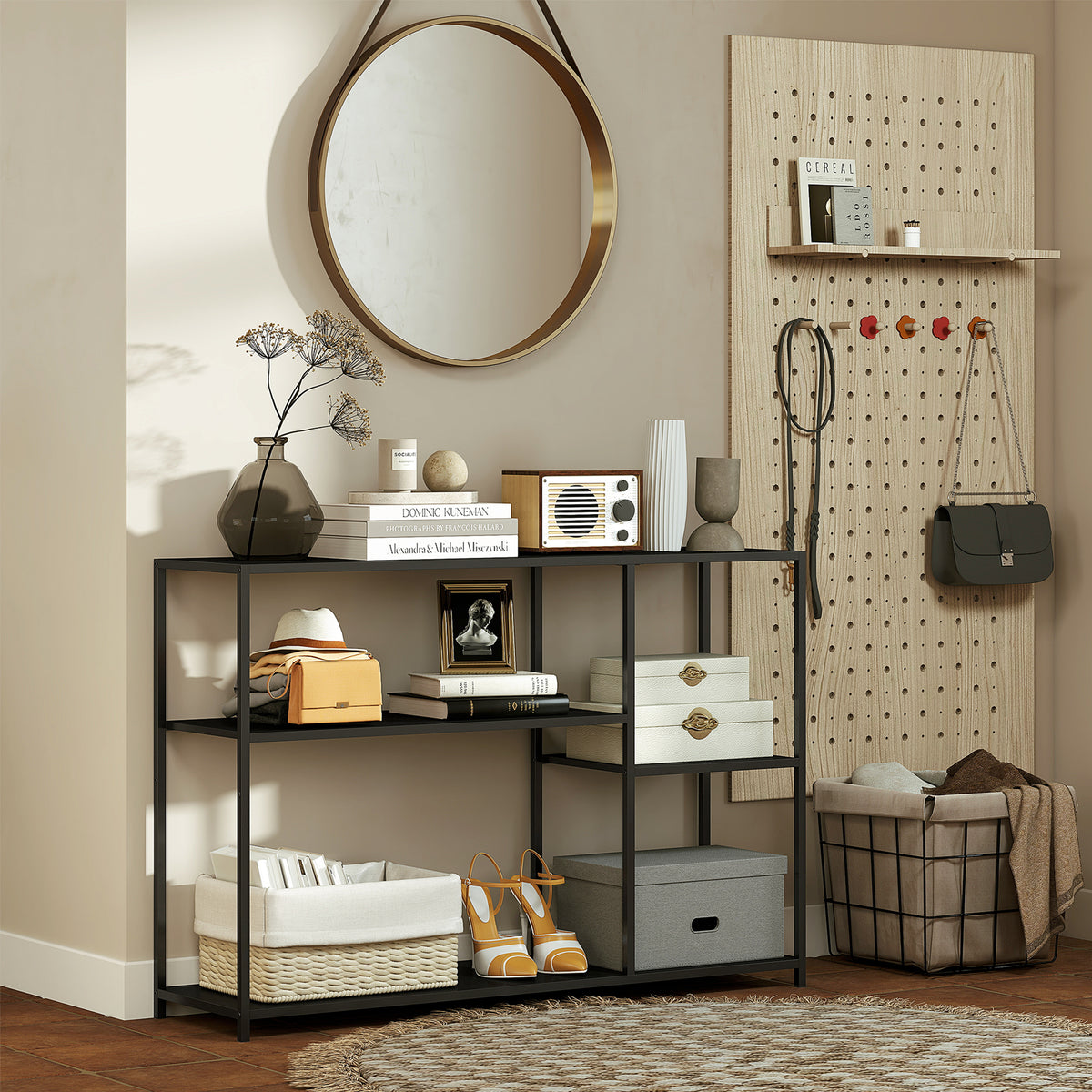 Console meuble étroite à 4 niveaux style industriel cadre en acier, 110 x 30 x 75 cm, noir-7