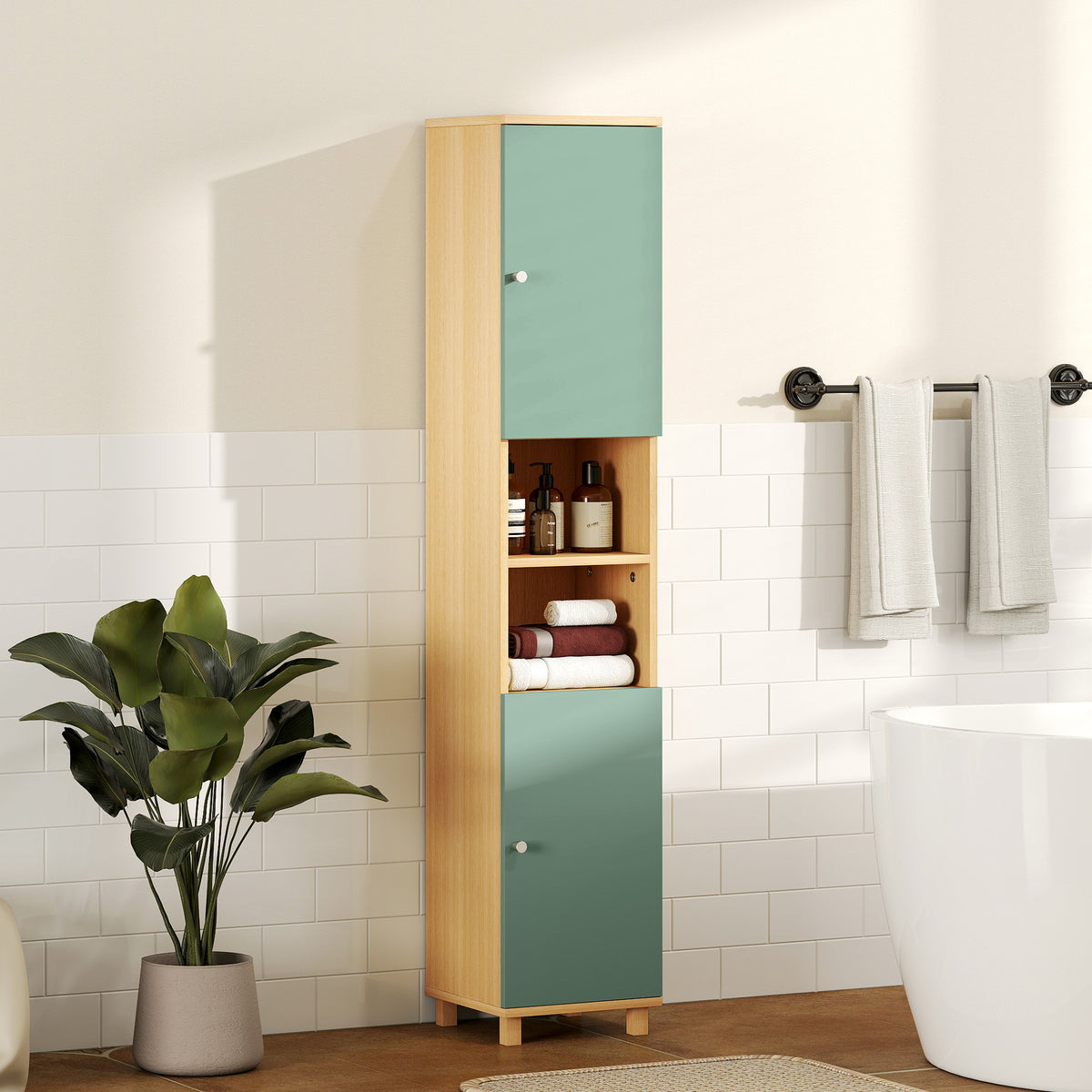Meuble de salle de bain meuble de rangement 2 placards 2 compartiments ouverts étagères réglables 30 x 30 x 166 cm, vert-9