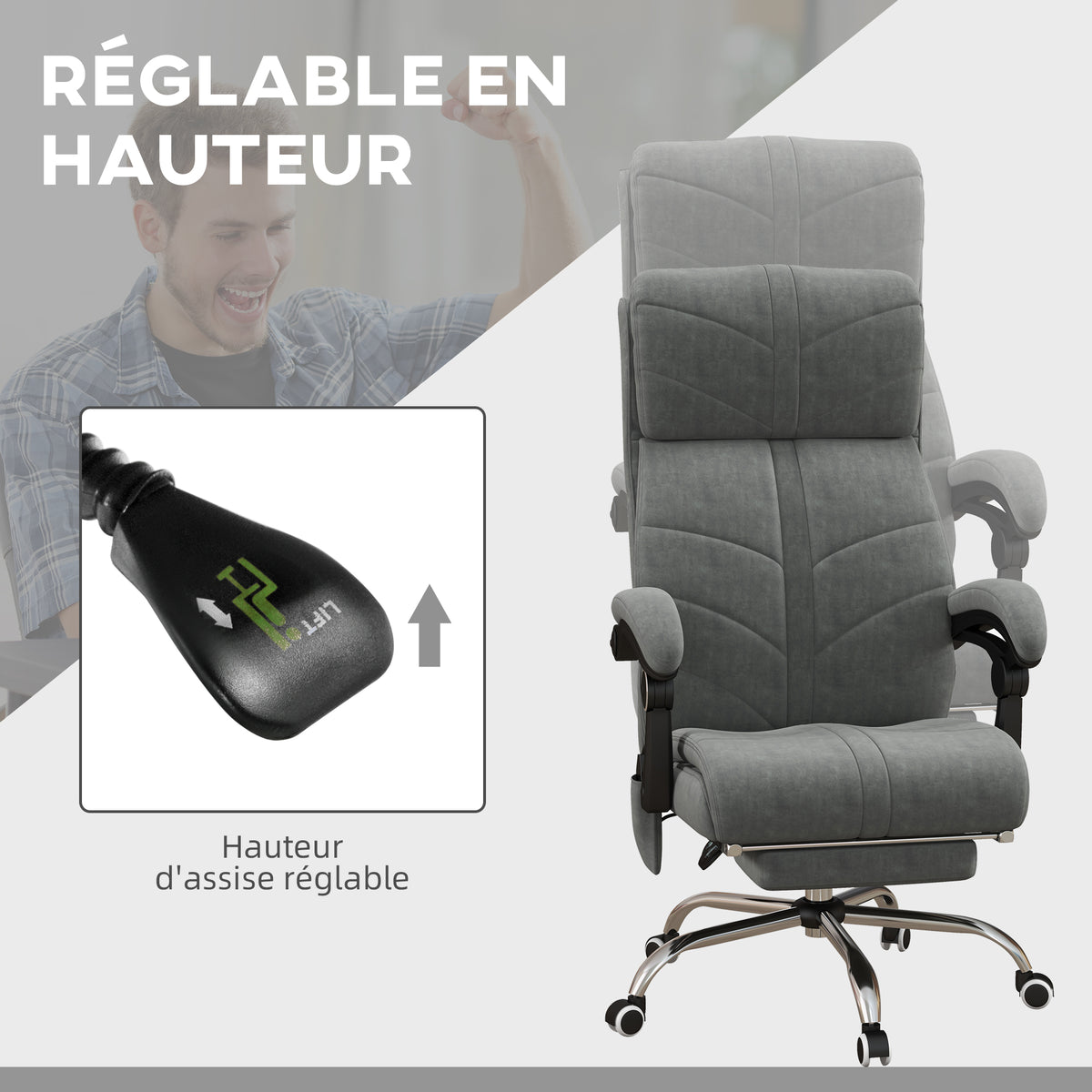 Fauteuil chaise de bureau massant chauffant inclinable avec repose-pieds intégré 5 roulettes gris-4