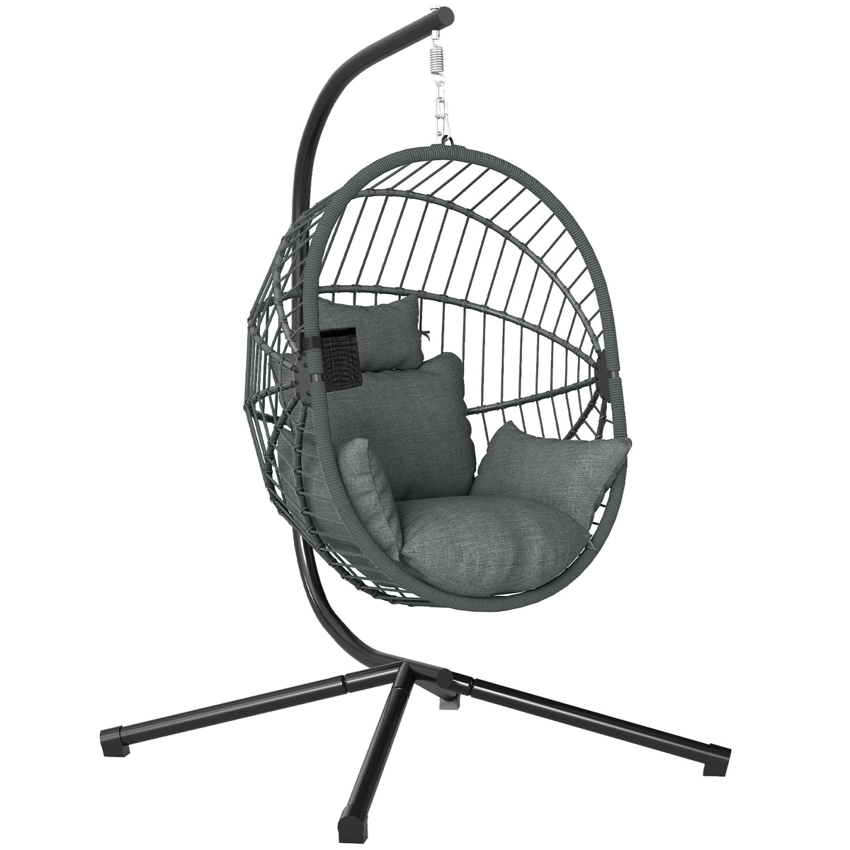 Fauteuil œuf suspendu, chaise hamac balançoire intérieur et extérieur, panier pliable, coussin rembourré, gris-0