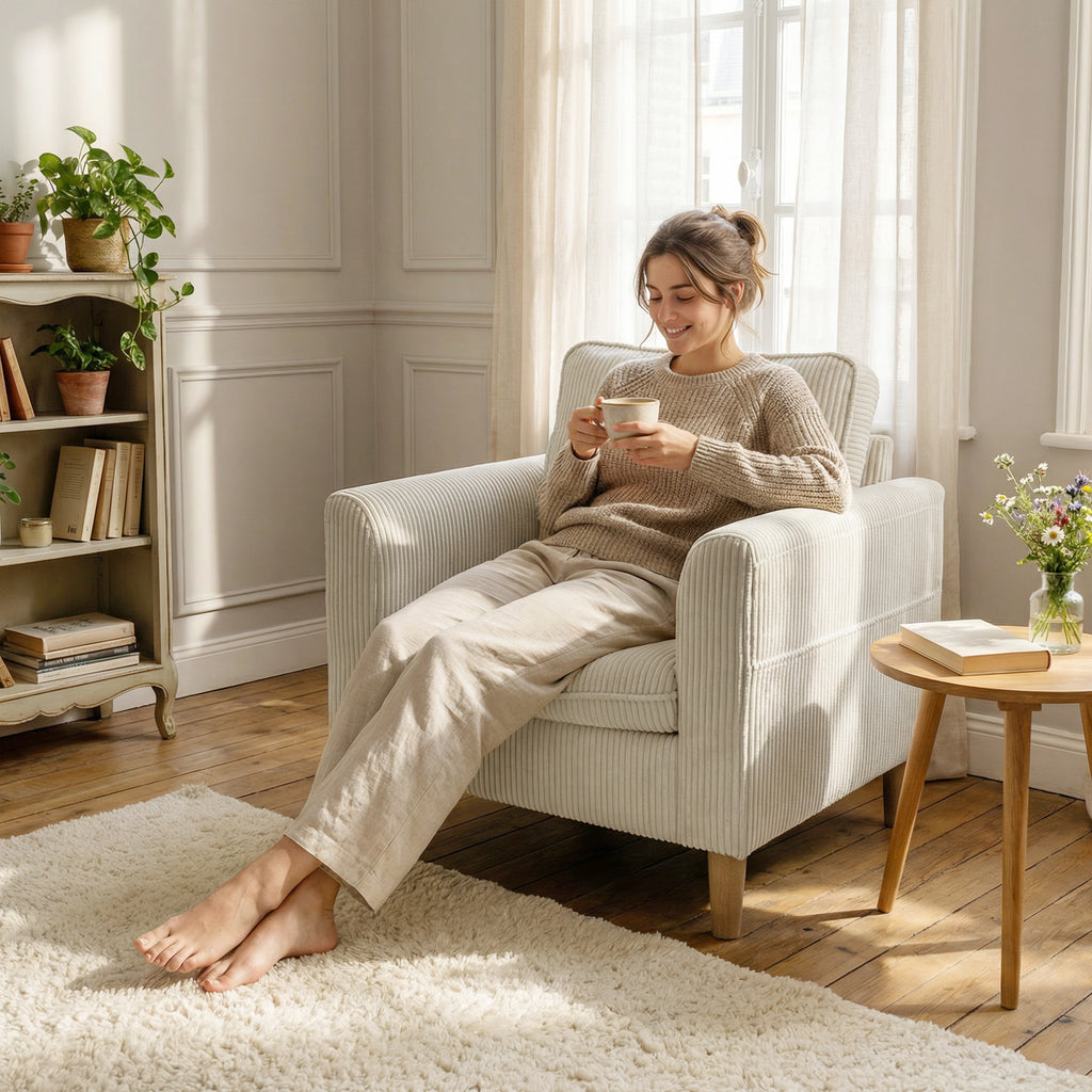 Fauteuil de salon en velours côtelé, canapé 1 place rembourré avec assise large et coussin à ressorts, 83x74x87cm, beige-6