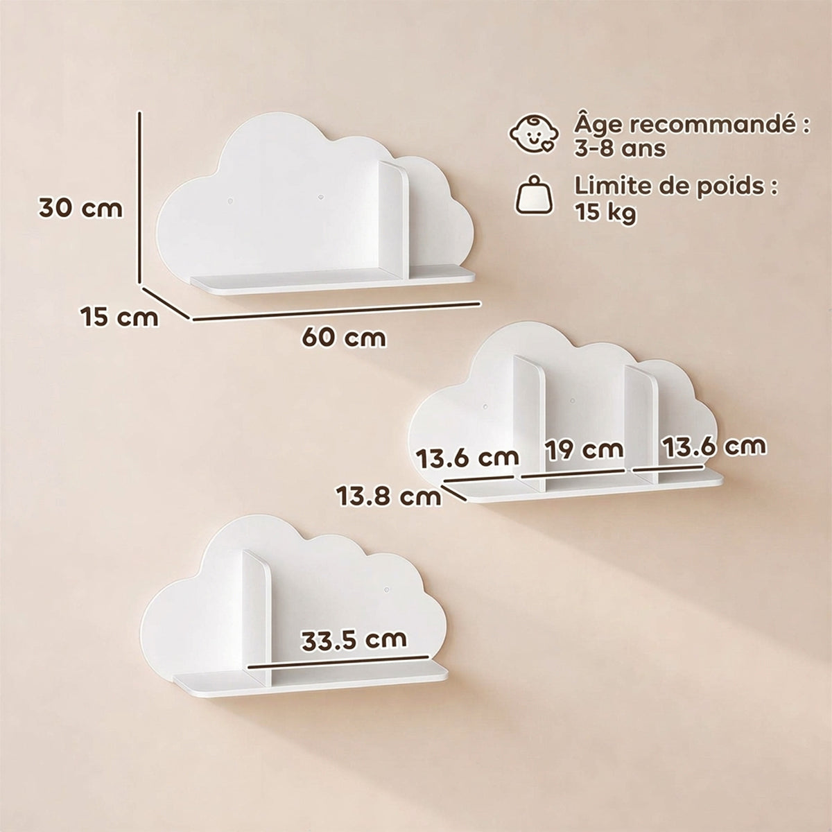 Lot de 3 Étagères à Livres Murales pour Enfant, Forme Nuage, Bibliothèque pour Enfants 3-8 ans, Blanc-2