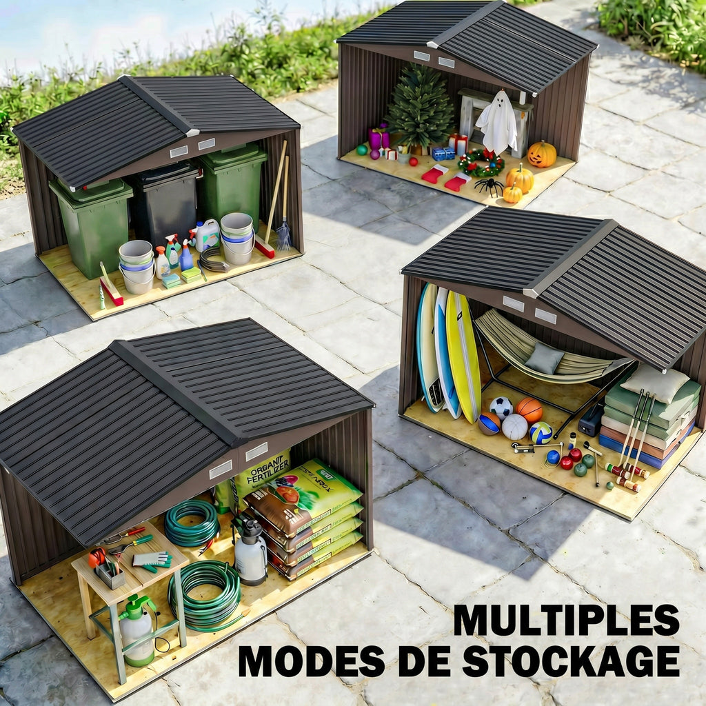 Abri de jardin 5,4 m² 2,77 x 1,95 x 1,92 m kit de fondation porte coulissante ventilations acier galvanisé, marron-6