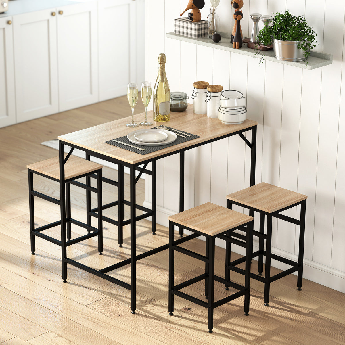 Ensemble Table de Bar Industriel + 4 tabourets Repose-Pieds en Bois couleur Chêne Clair Cadre en métal Noir-1