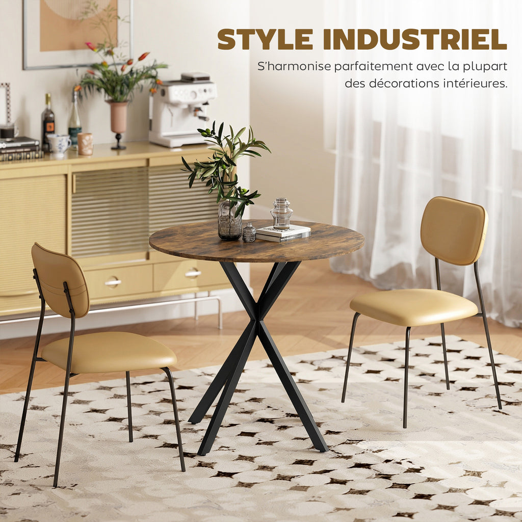 Table à Manger Ronde pour 2 Personnes avec Plateau Aspect Bois et Piètement Croisé en Acier, Brun Rustique-4