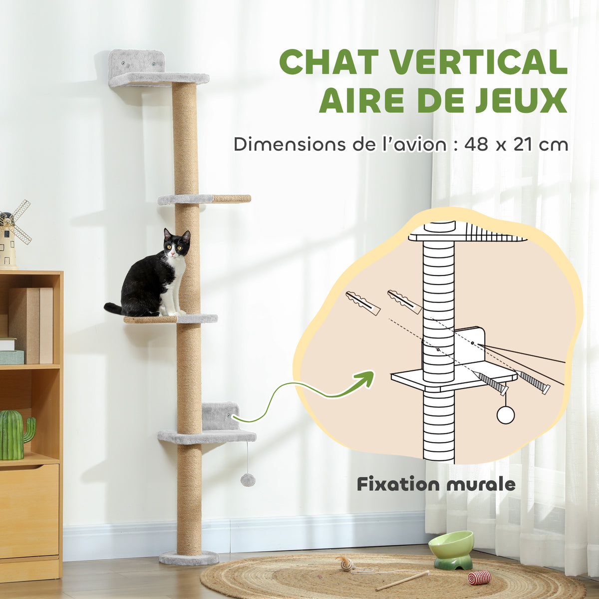 Étagères Murales pour Chat 180 cm, 4 Plateformes d'Escalade, Poteau à Griffer en Jute et Jouet Suspendu, Gris Clair-4