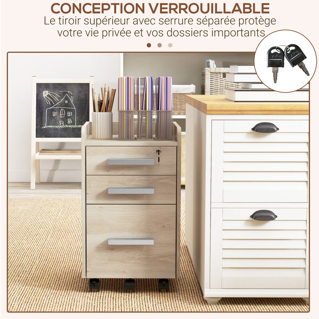 Caisson de bureau rangement bureau sur roulettes 3 tiroirs 1 verrouillable 1 trieur dossiers en bois beige-5
