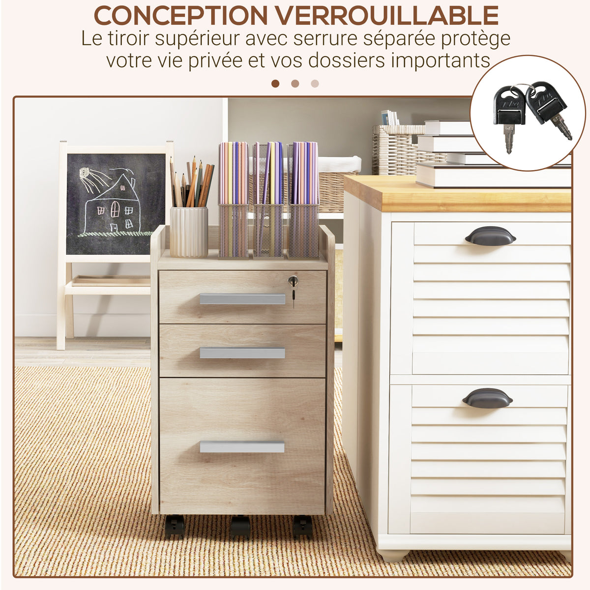 Caisson de bureau rangement bureau sur roulettes 3 tiroirs 1 verrouillable 1 trieur dossiers en bois beige-5