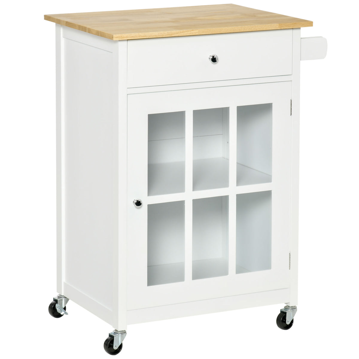 Desserte de cuisine à roulettes multi-rangement - placard porte vitrée avec étagère réglable, tiroir, porte-torchon - blanc aspect chêne clair-0
