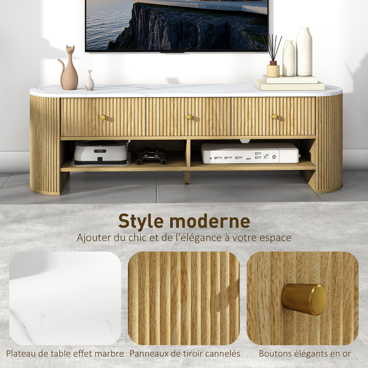 Meuble TV 140 cm, meuble télé pour téléviseur 65 pouces effet marbre 3 tiroirs façades à cannelures effet bois naturel-3