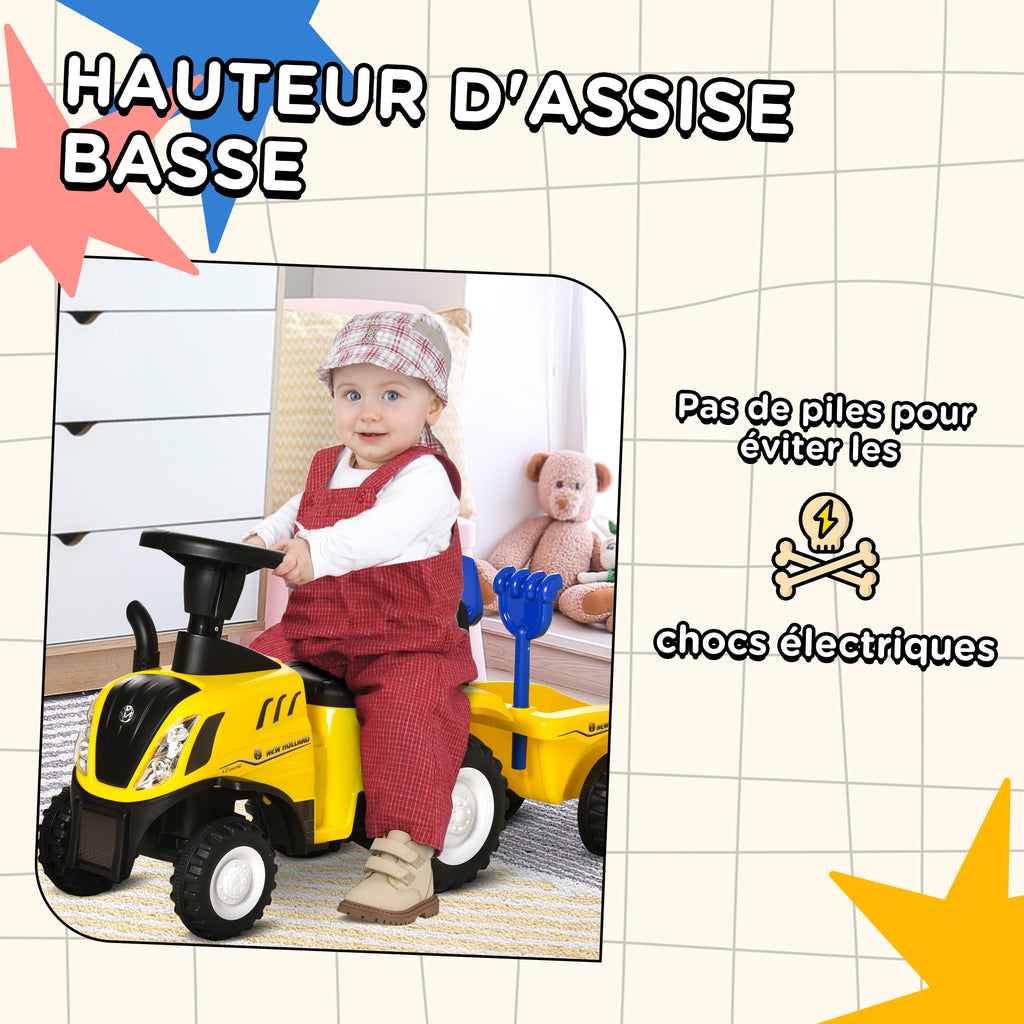 Porteur tracteur enfants avec coffre amovible, râteau et pelle, voiture enfants avec lumière LED et klaxon, jaune-6