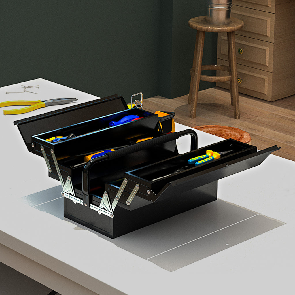Boite à outils métallique - coffret à outils - caisse à outils 3 niveaux 5 plateaux rétractables - tôle acier noir-6
