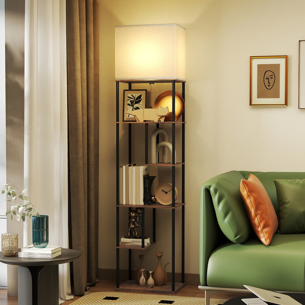 Lampadaire avec étagères, lampadaire sur pied de salon dimmable, télécommande, 40 x 29 x 171 cm, brun rustique-9