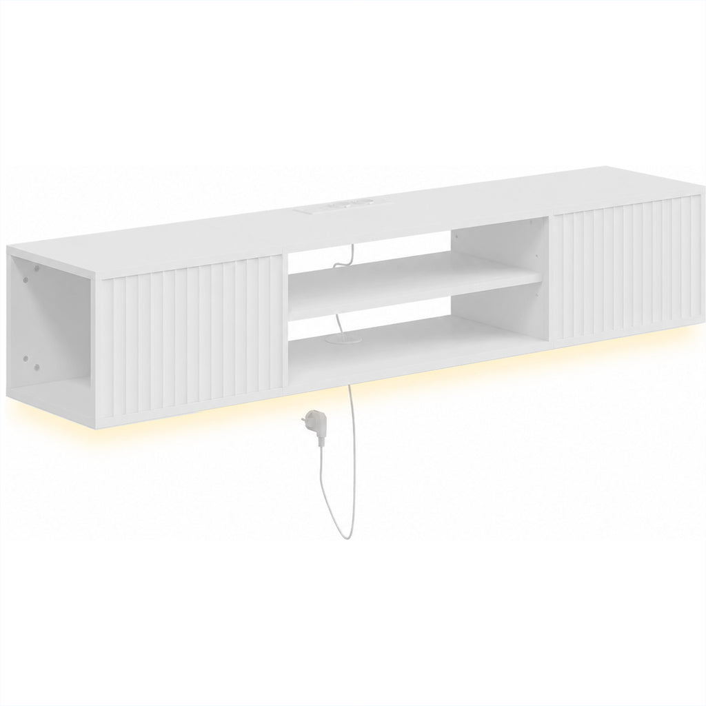 Meuble TV Suspendu Flottant 140cm avec Éclairage LED et Prises, 2 Portes Cannelées et Étagère Réglable, Blanc-0