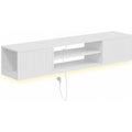 Meuble TV Suspendu Flottant 140cm avec Éclairage LED et Prises, 2 Portes Cannelées et Étagère Réglable, Blanc-0
