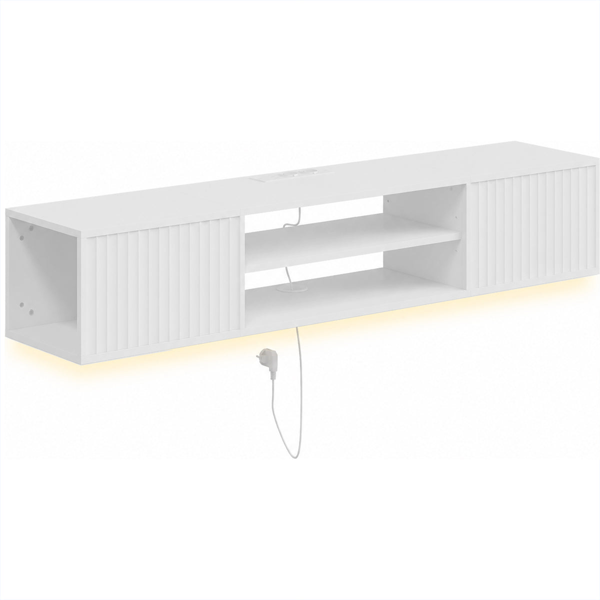 Meuble TV Suspendu Flottant 140cm avec Éclairage LED et Prises, 2 Portes Cannelées et Étagère Réglable, Blanc-0