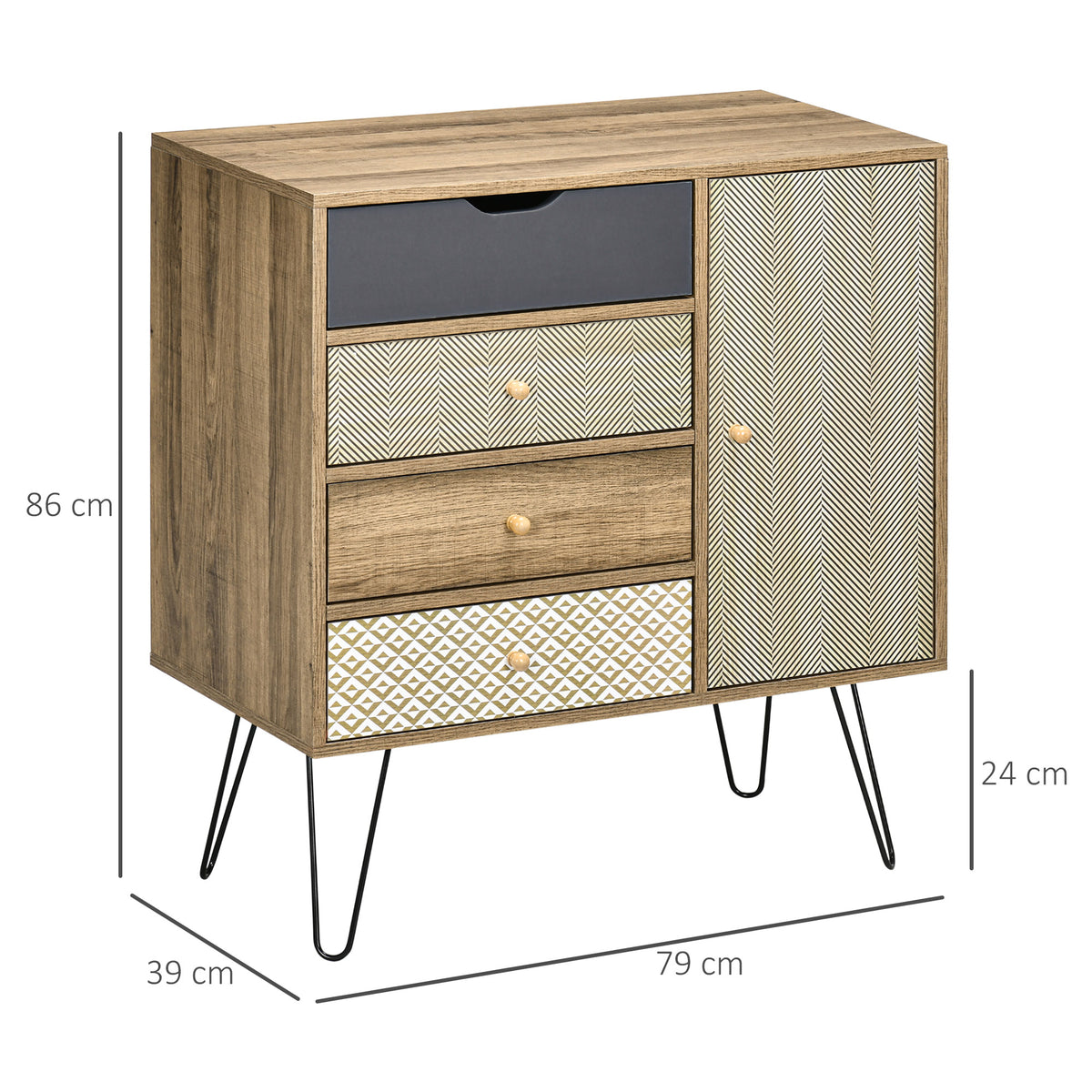Meuble de rangement commode buffet 4 tiroirs 1 placard - pieds épingles à cheveux style bohème 79 x 39 x 86 cm marron-2
