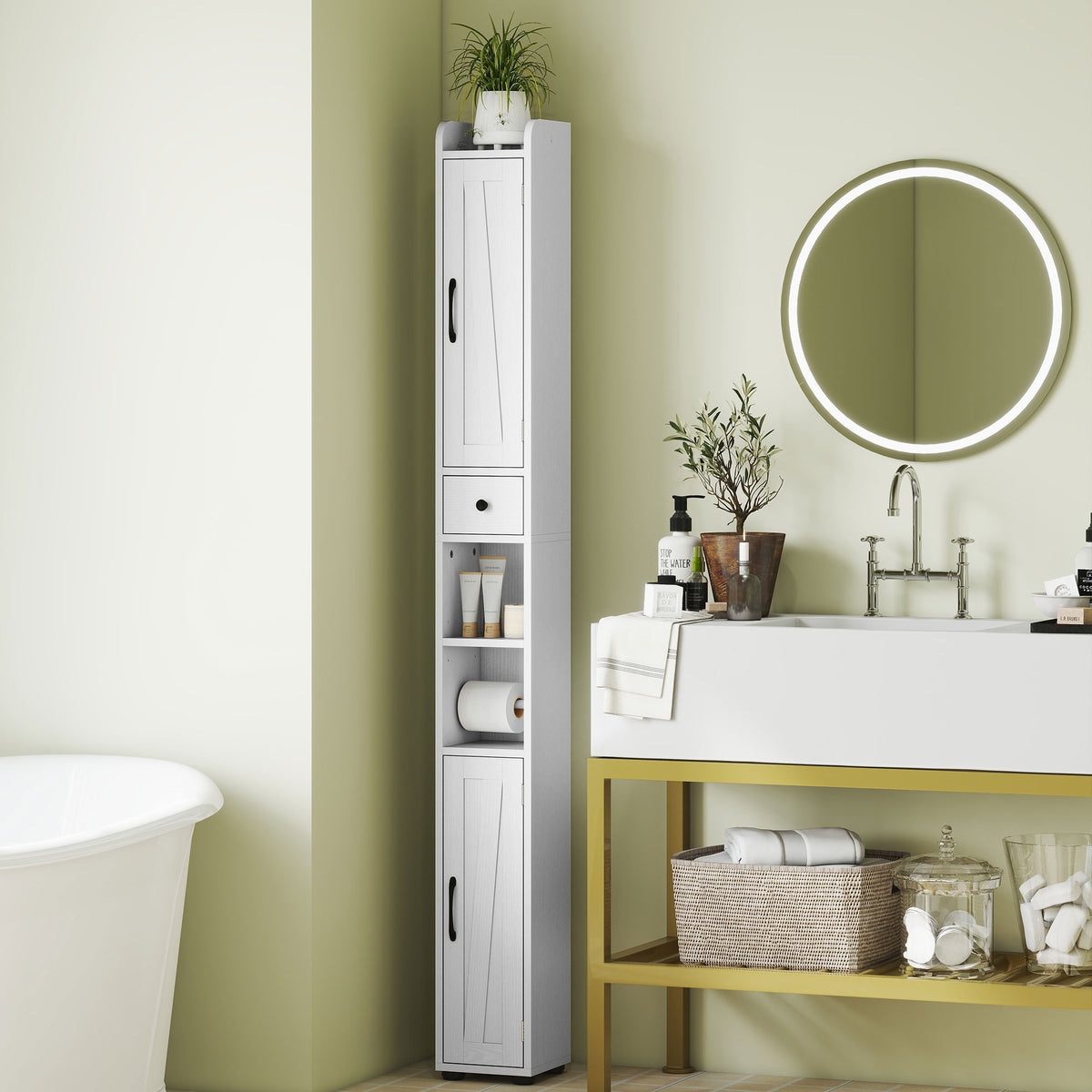 Armoire salle de bain haute, meuble de rangement colonne, 2 portes, tiroir, étagères réglables, 20x20x185cm, blanc-1