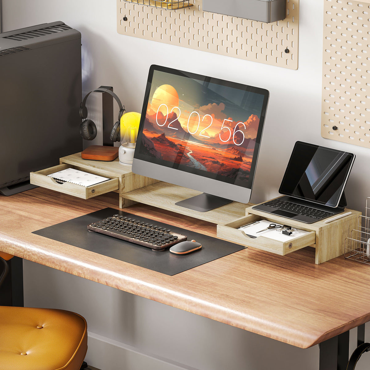 Rehausseur écran PC bureau support d'écran d'ordinateur de 60-116 cm avec 2 tiroirs, longueur et angle réglables-1