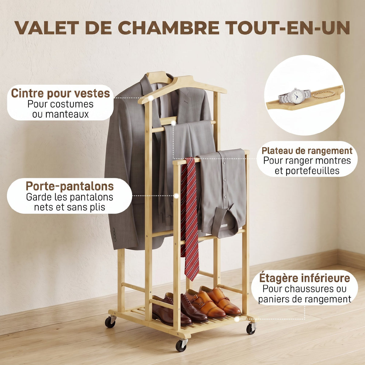 Valet de chambre à roulettes, portant à vêtements en bambou, cintres, barres de suspension, plateau et étagère, chêne-4