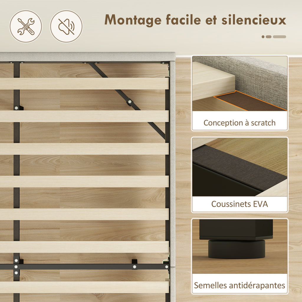 Cadre de lit flottant 140 x 190 cm avec éclairage LED, lit double rembourré en lin, sommier à lattes en bois, beige-7