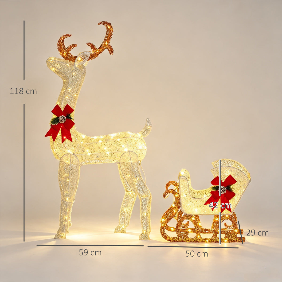 Renne et traîneau lumineux de Noël avec 170 LED blanc chaud, décoration de Noël pour intérieur et extérieur, 50x29x42cm-2