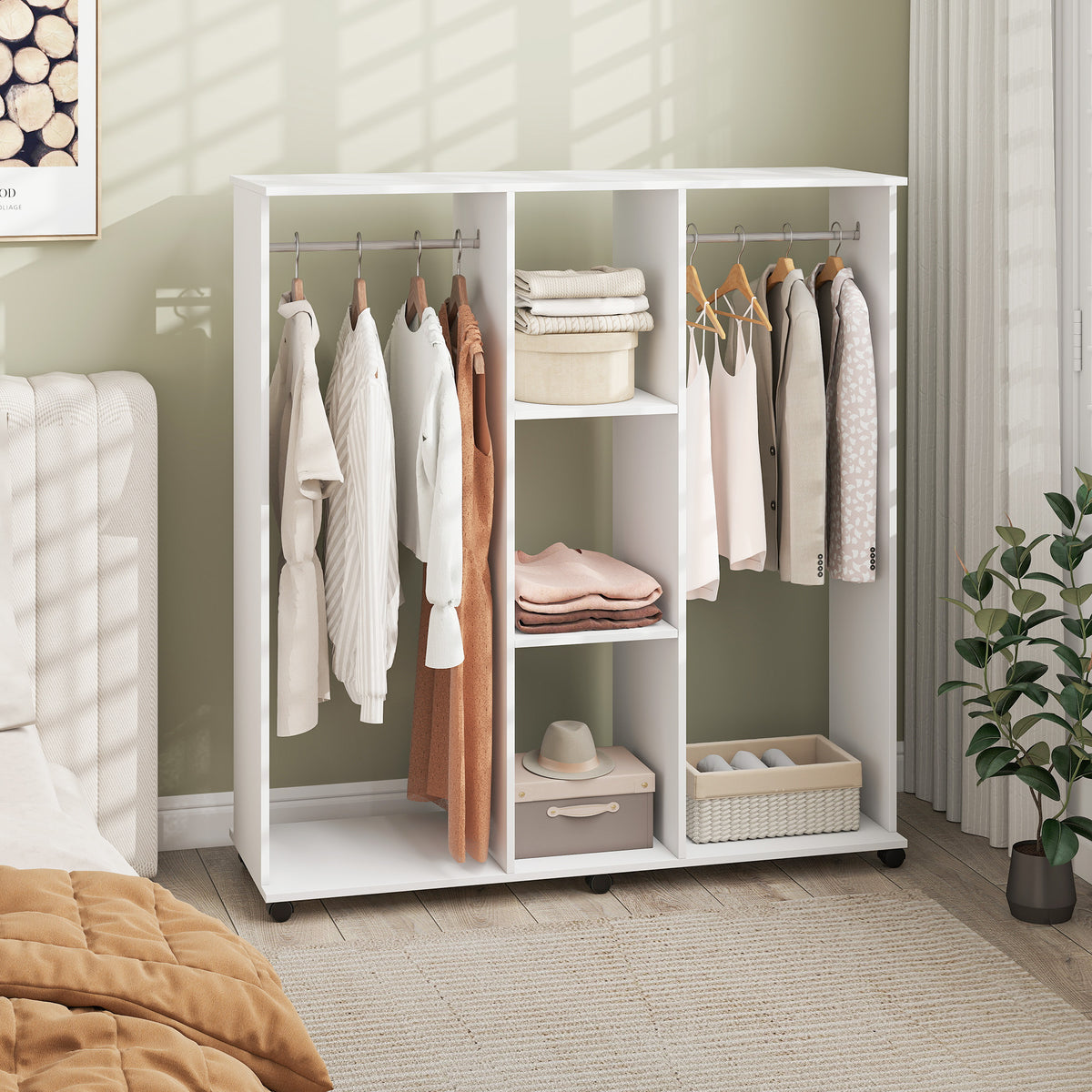 Armoire penderie meuble de rangement mobile 6 roulettes 120 x 40 x 128 cm en bois blanc-9