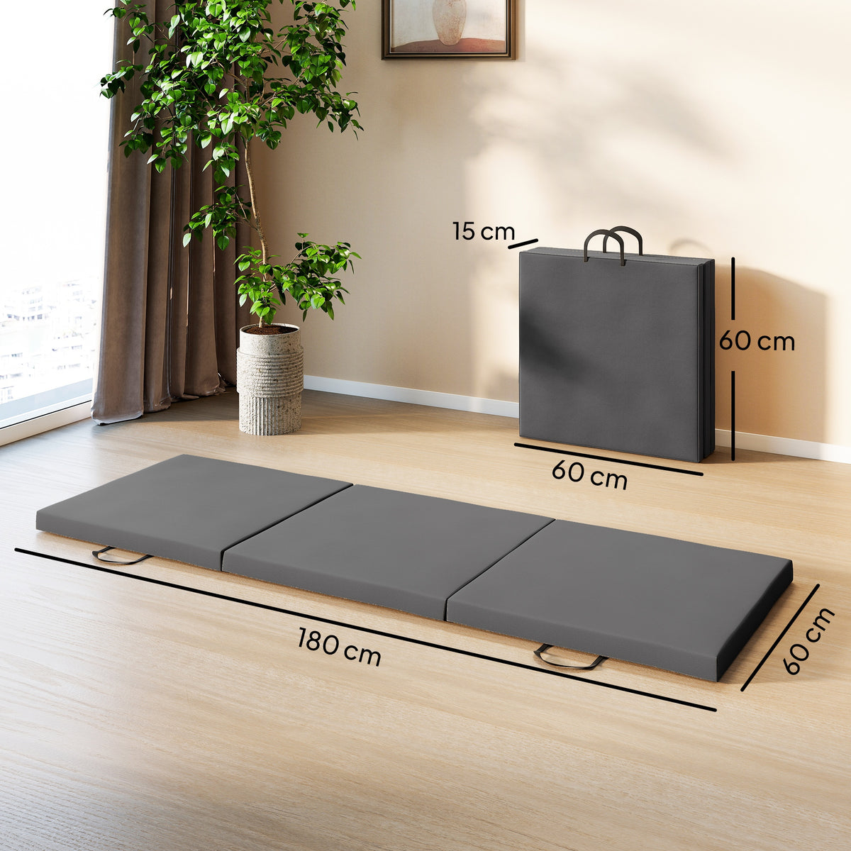 Tapis de gymnastique yoga pilates fitness pliable en 3 panneaux avec poignées revêtement synthétique 180 x 60 x 5cm gris-2