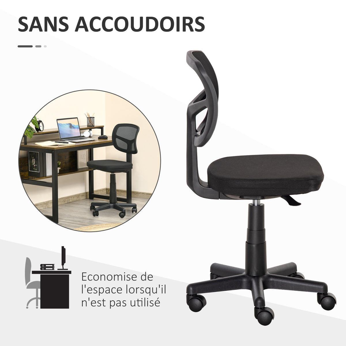 Chaise de bureau sans accoudoirs, fauteuil de bureau en maille, hauteur réglable, assise rembourré, pivotant 360°, noir-4