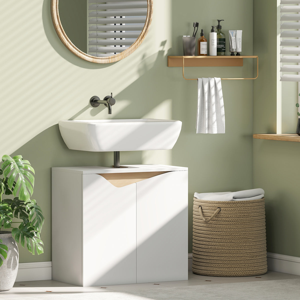 Meuble sous lavabo, meuble de salle de bain avec 2 portes à fermeture douce, 60 x 35 x 57,9 cm, blanc et bois naturel-1