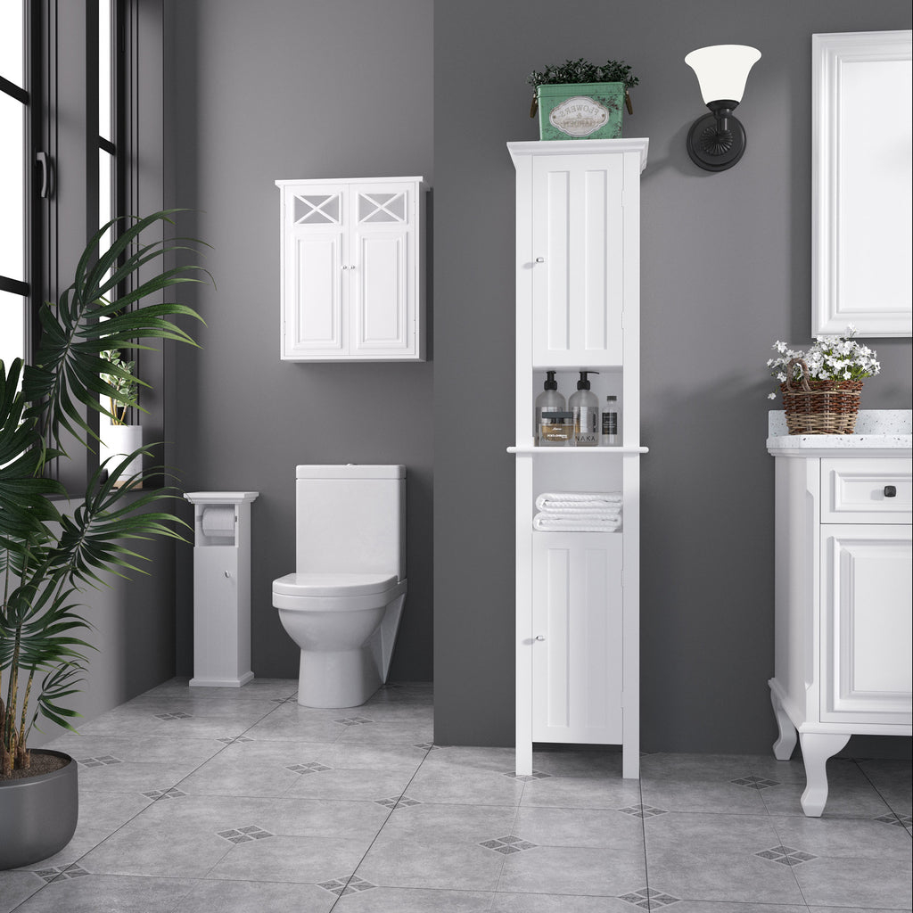 Meuble de salle de bain support papier toilette avec placard et sortie papier en bois blanc-1