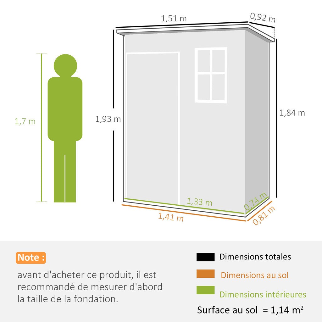 Abri de jardin 1,14 m² pour outils - porte verrouillable, aération et fenêtre - dim. 151L x 92l x 193H cm  - plastique, gris-2