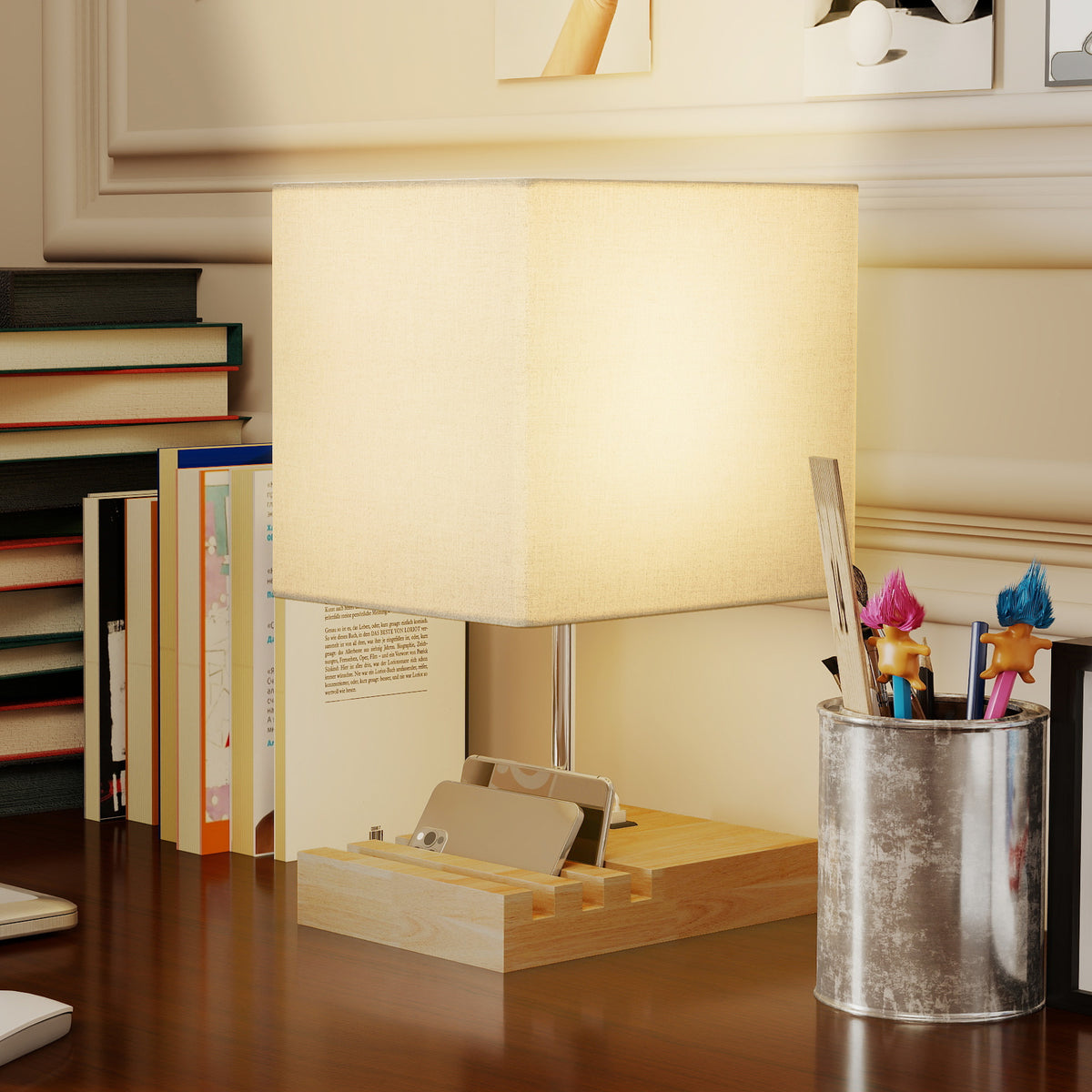 Lampe de chevet avec USB A+C, lampe de table moderne, 3 supports pour téléphone, ampoules non incluses, blanc-8