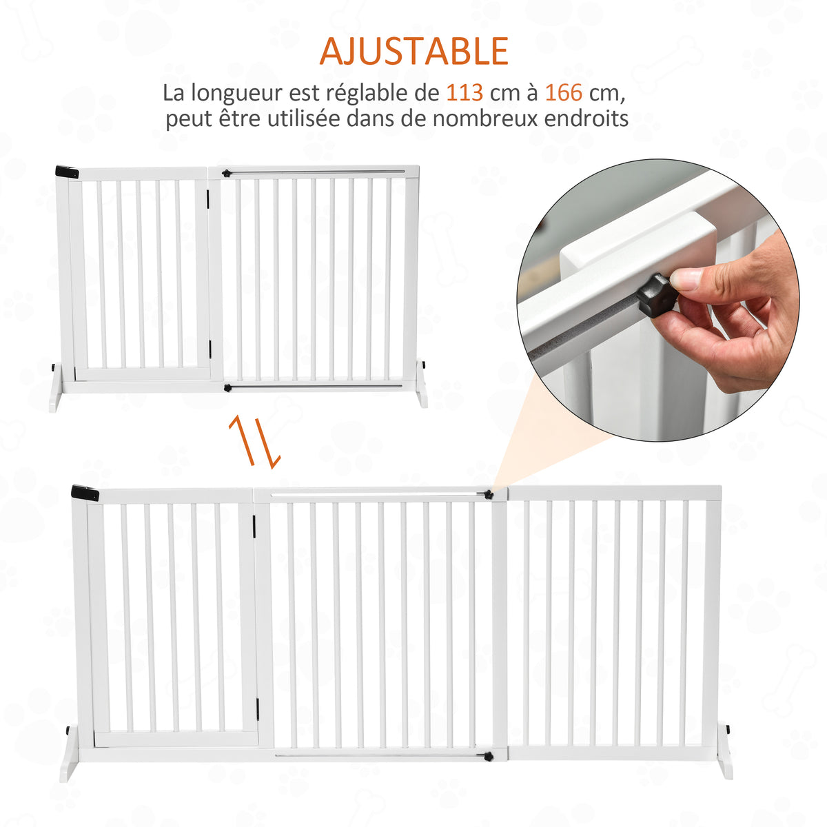 Barrière de sécurité chien barrière autoportante longueur réglable porte verrouillable intégrée dim. 113-166L x 36l x 71H cm pin blanc-3