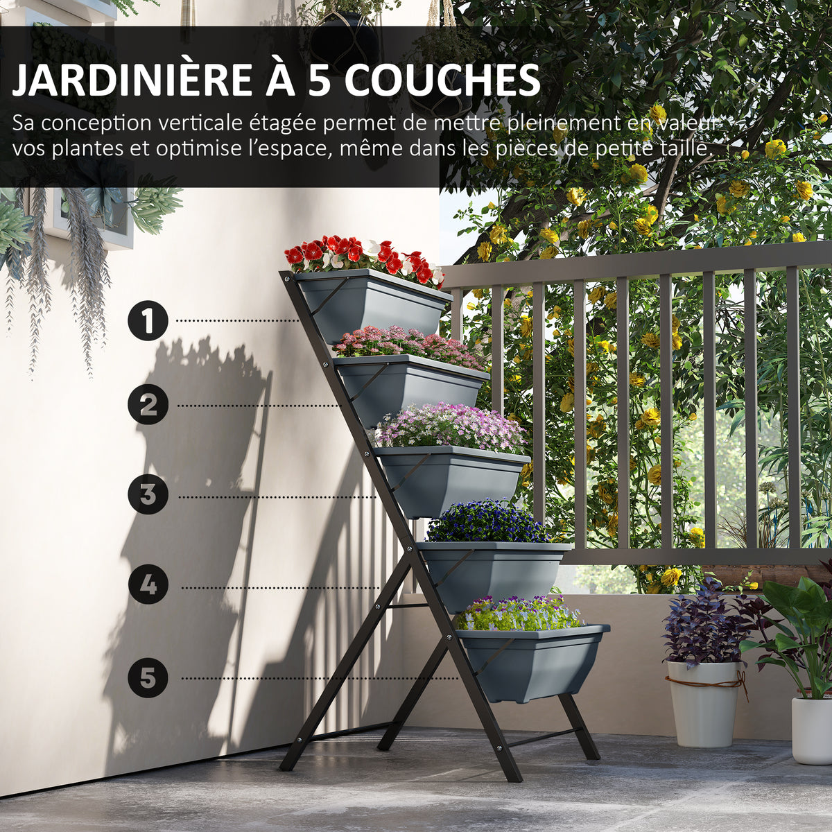 Jardinière surélevée avec étages jardinière verticale avec 5 bacs à fleurs trous de drainage cadre en acier gris-3
