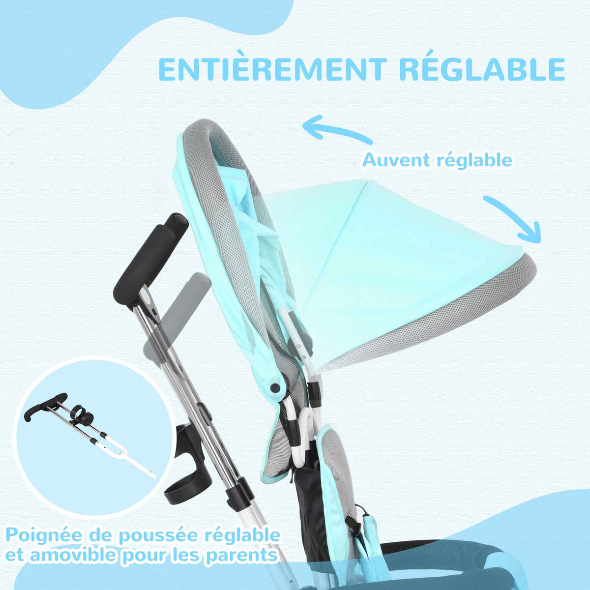 Tricycle 6 en 1 pour enfants, auvent, ceinture de sécurité 5 points, rangement, repose-pieds, frein, 1-5 ans, vert-4
