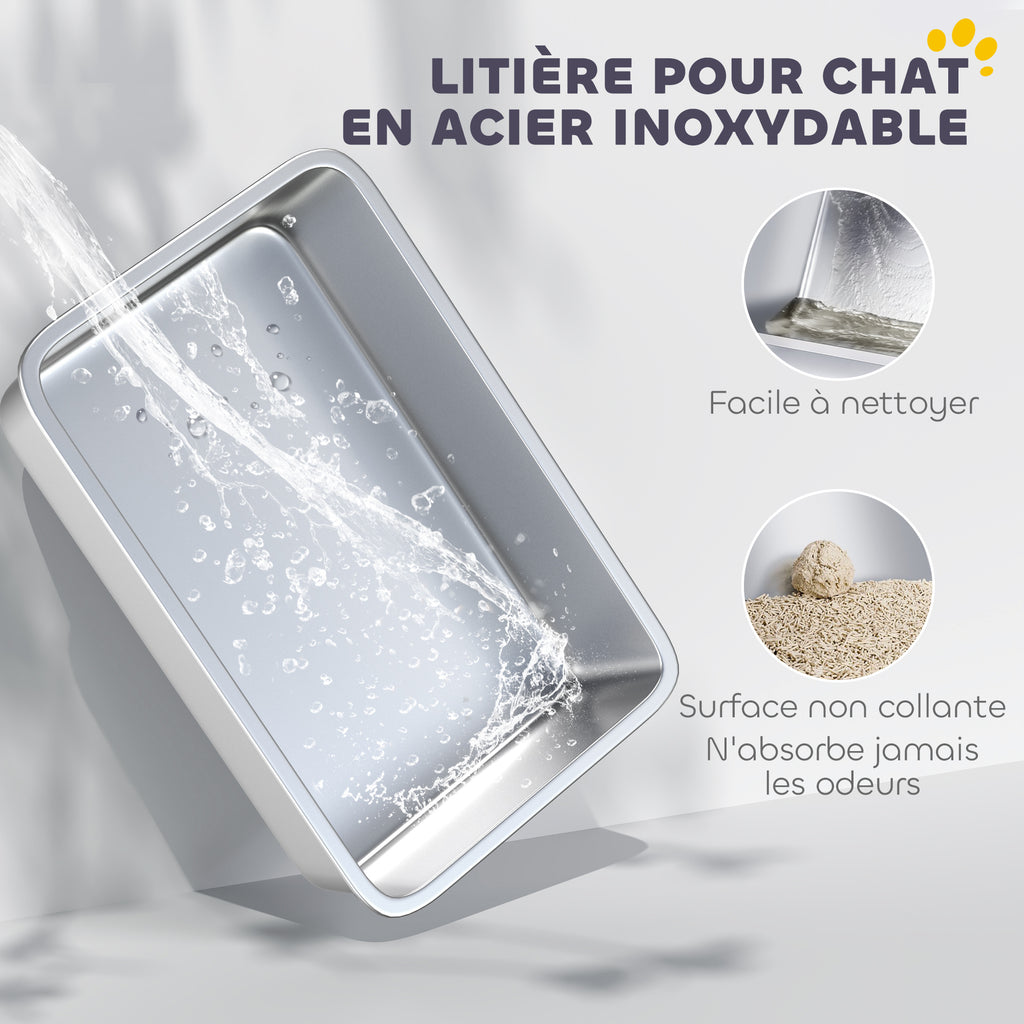 Bac à litière XL en acier inoxydable, maison de toilette pour grand chat, nettoyage facile 60,2 x 40,2 x 29,5 cm, gris-3