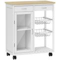 Desserte de cuisine à roulettes, îlot central cuisine avec plateau en bambou, porte vitrée, 67 x 35 x 80 cm, blanc-0