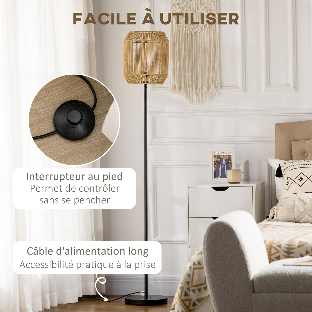 Lampadaire sur pied salon abat-jour en corde de papier design naturel base E27 Max. 40W - Ø 26 x 164H cm-4