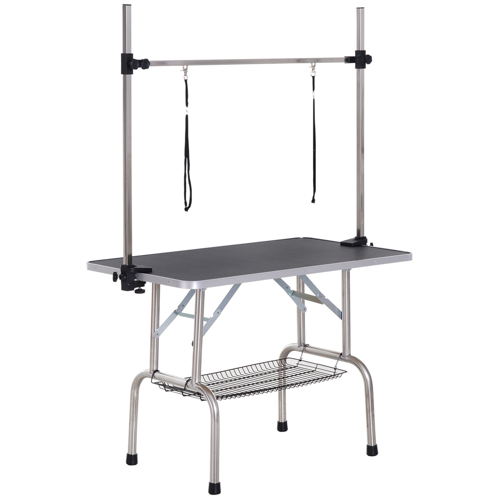 Table de toilettage pour chien pliante potence H-forme inox réglable 2 sangles panier 107 x 60 x 164 cm noir-0