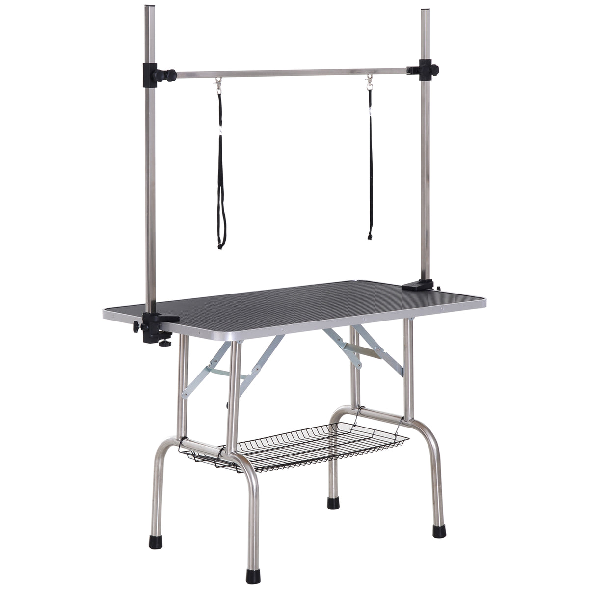 Table de toilettage pour chien pliante potence H-forme inox réglable 2 sangles panier 107 x 60 x 164 cm noir-0