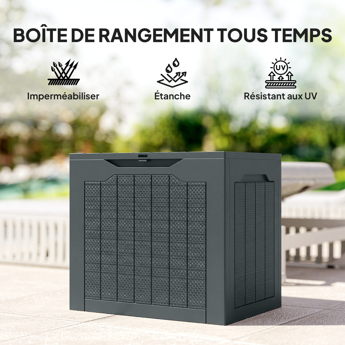 Coffre de rangement extérieur 97L avec poignées encastrées, malle de rangement extérieur étanche 56x41x50cm, gris foncé-6
