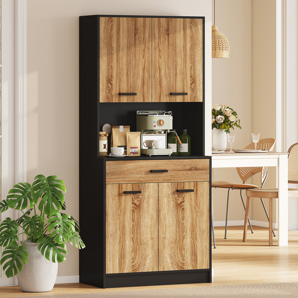 Armoire de cuisine Buffet meuble de rangement, 2 placards 4 portes 1 tiroir, passe-câbles 80L x 40P x 180H cm-1