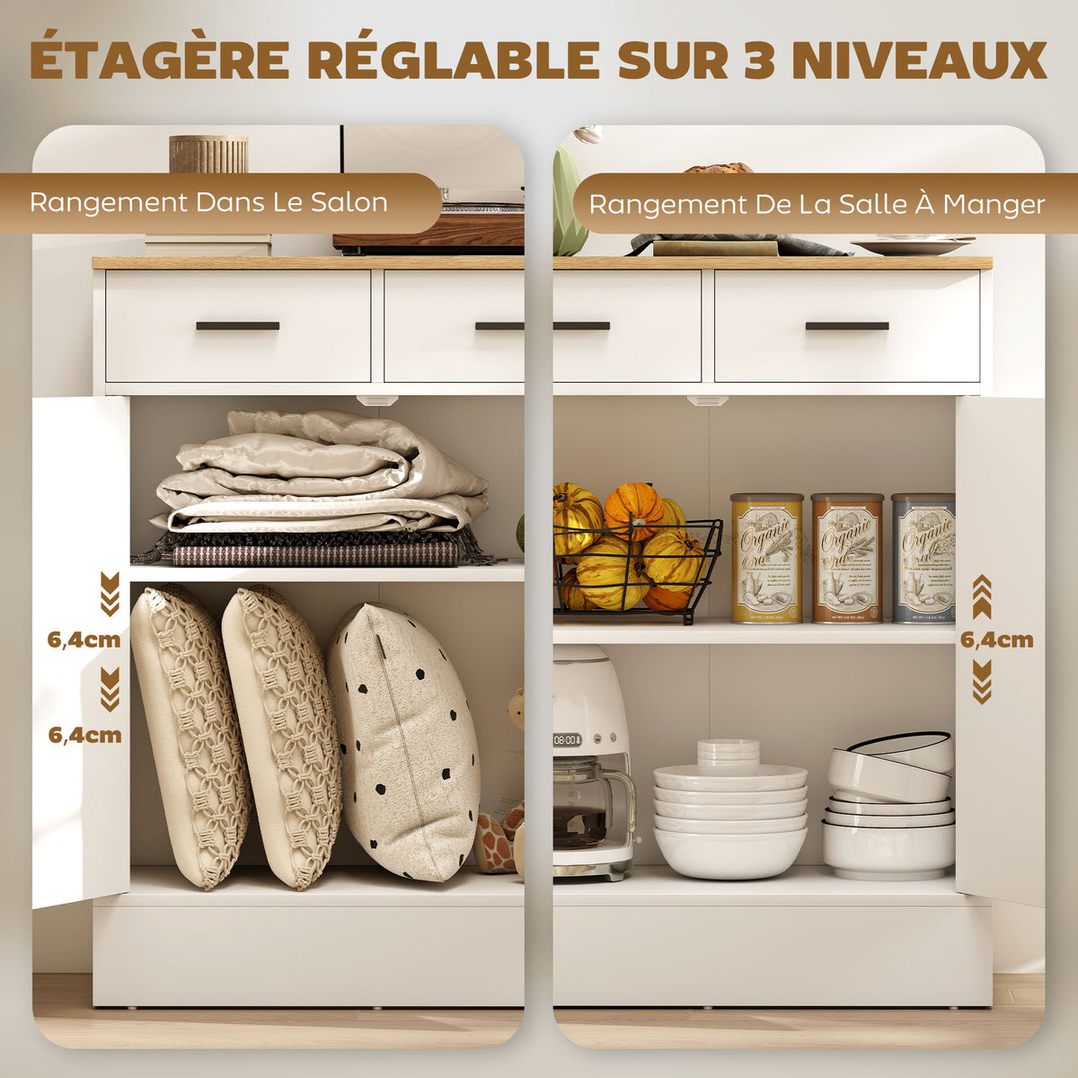 Buffet, meuble de rangement avec 2 portes, 2 tiroirs et étagère réglable, 68,6 x 35 x 90,3 cm, bois naturel et blanc-4