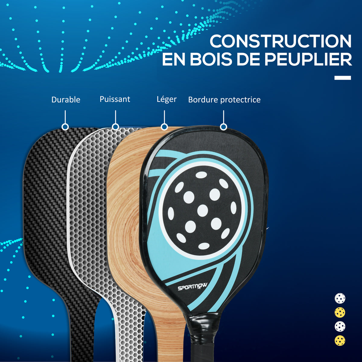 Lot de 4 raquettes de pickleball ensemble de raquette de pickleball en bois de peuplier 4 balles et un sac bleu et noir-3