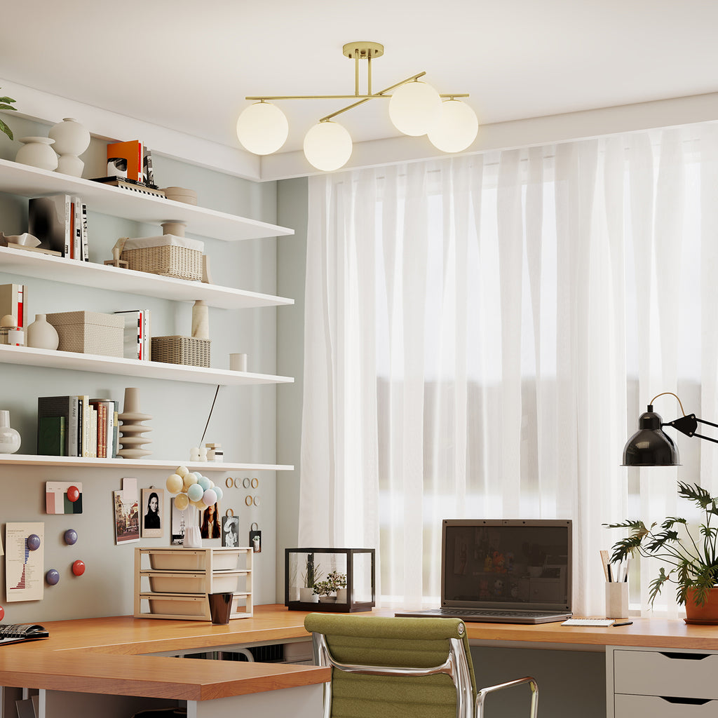 Plafonnier lustre moderne à 4 lumières avec culot E14, montage semi-affleurant, doré et crème-8